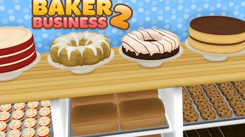 Baker Business 2: Cake Tycoon gameplay: a bakery display case lined with cakes, cupcakes and cookies