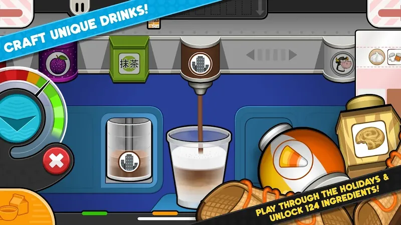 Papa's Mocharia To Go! gameplay: a layered coffee drink being assembled at the counter station