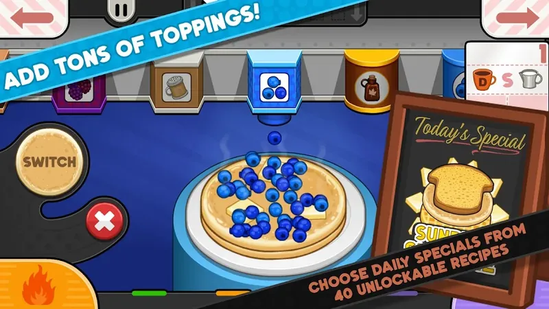 Papa's Pancakeria To Go! gameplay: blueberries being poured onto a pancake stack beside the daily special board
